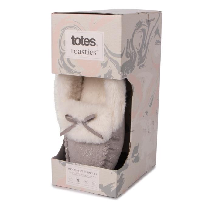totes toasties® Ladies Sparkle Moccasin Slippers Grey Extra Image 1